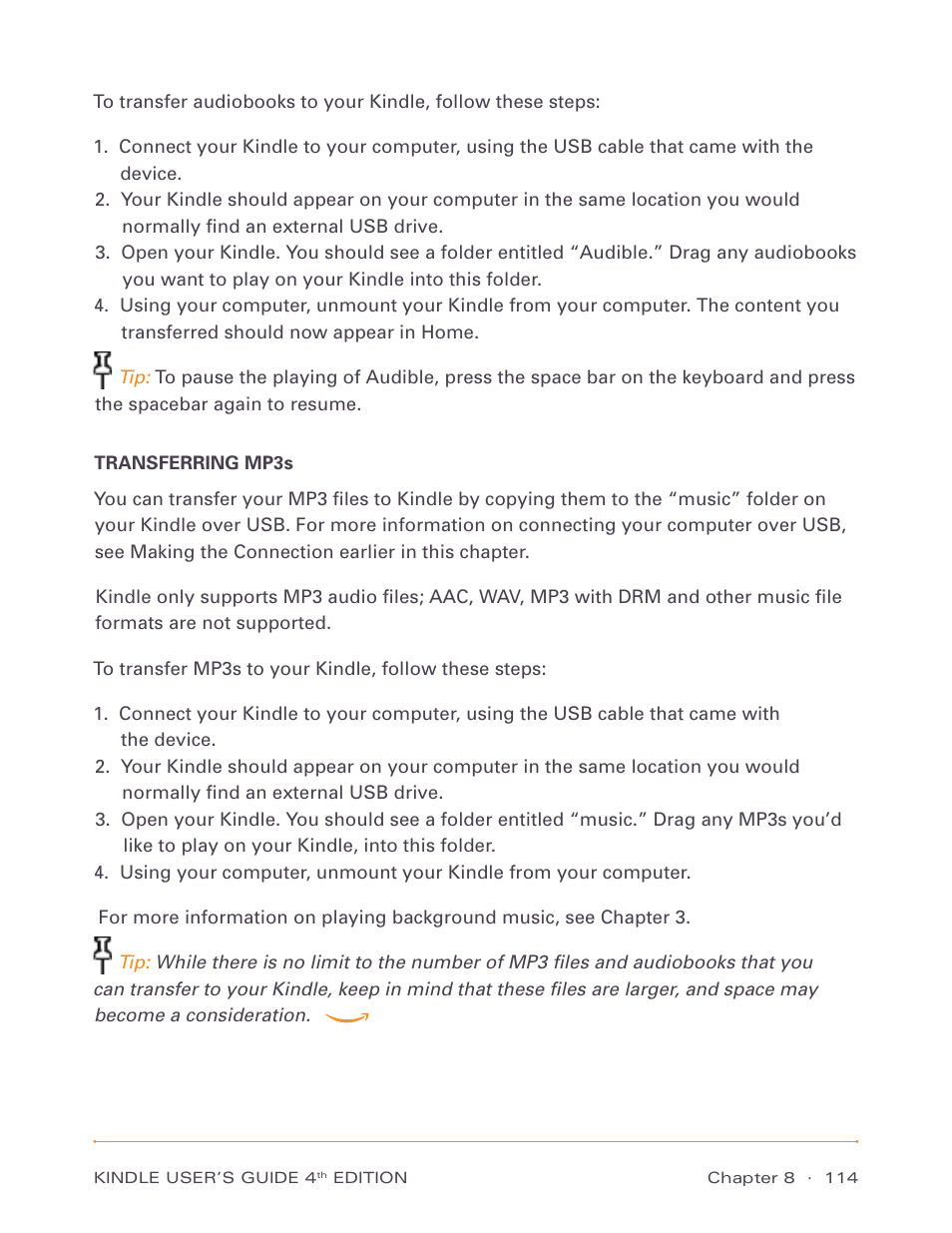 Transferring mp3s | Amazon Technologies Kindle D00511 User Manual | Page 114 / 145