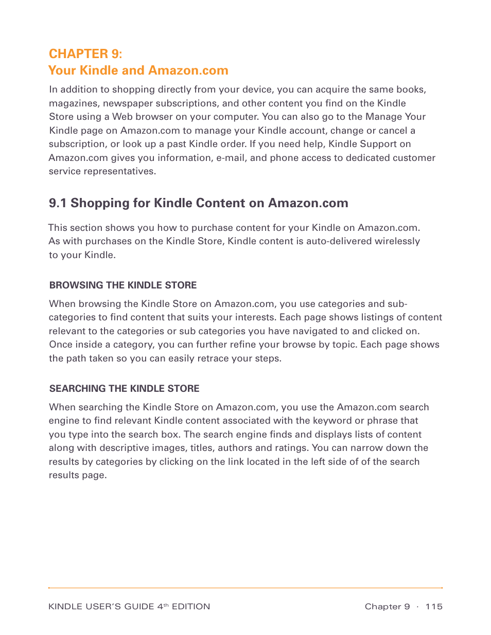 Chapter 9: your kindle and amazon.com, 1 shopping for kindle content on amazon.com, Browsing the kindle store | Searching the kindle store | Amazon Technologies Kindle D00511 User Manual | Page 115 / 145