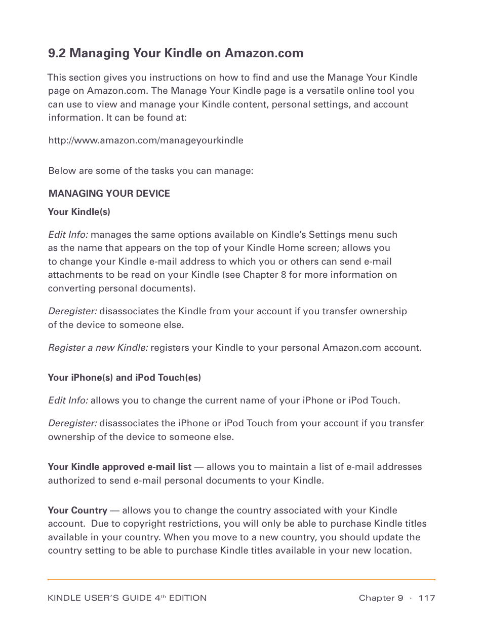 2 managing your kindle on amazon.com, Managing your device | Amazon Technologies Kindle D00511 User Manual | Page 117 / 145