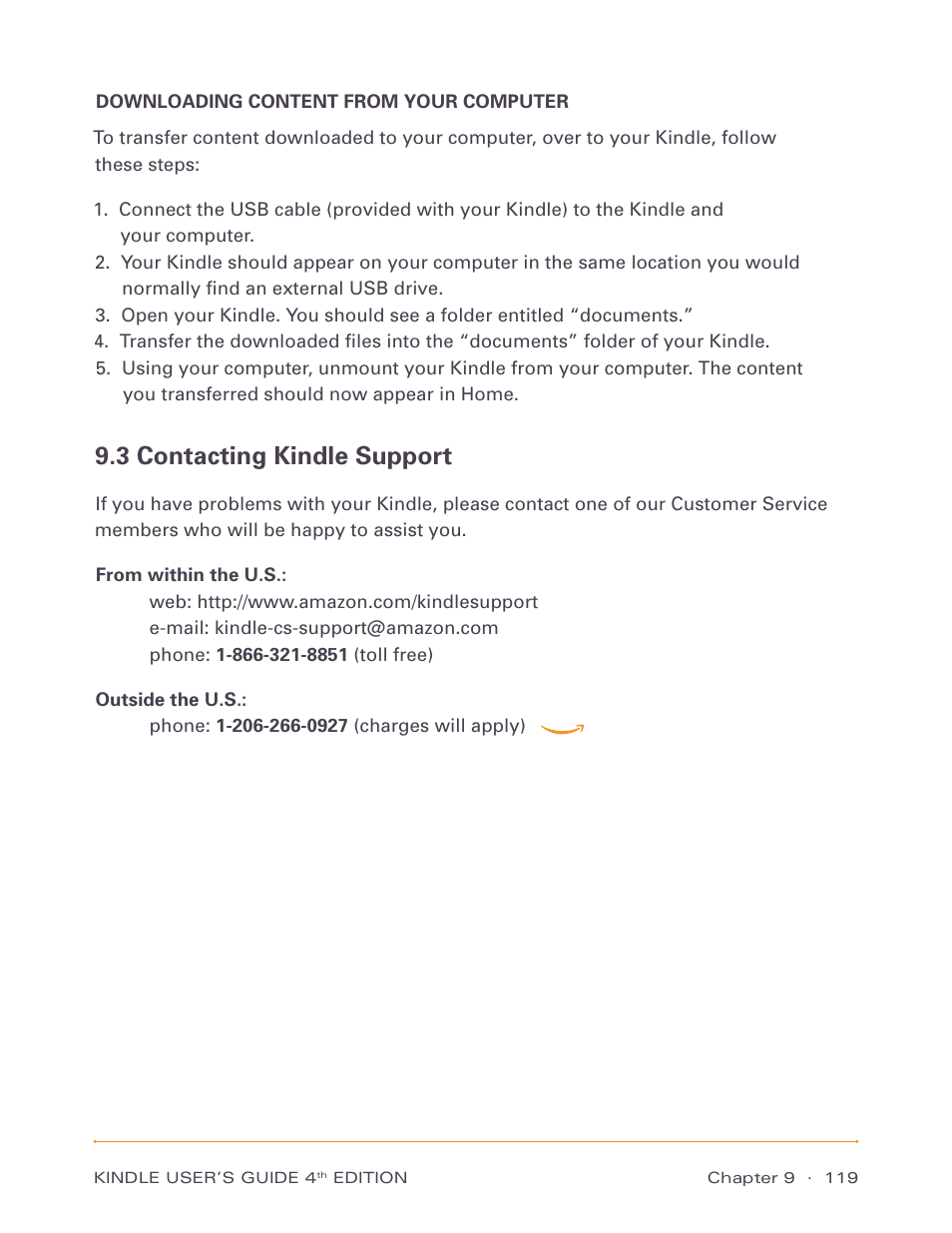 Downloading content from your computer, 3 contacting kindle support | Amazon Technologies Kindle D00511 User Manual | Page 119 / 145