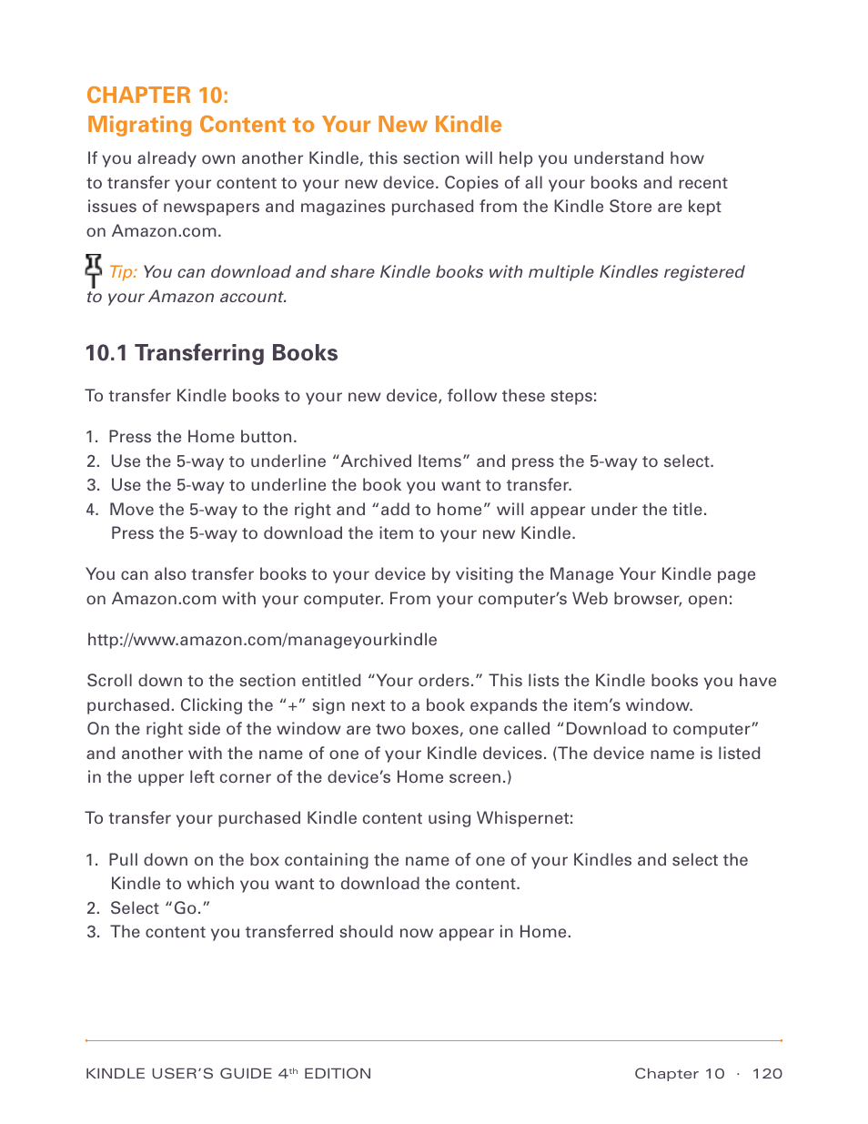 Chapter 10: migrating content to your new kindle, 1 transferring books | Amazon Technologies Kindle D00511 User Manual | Page 120 / 145