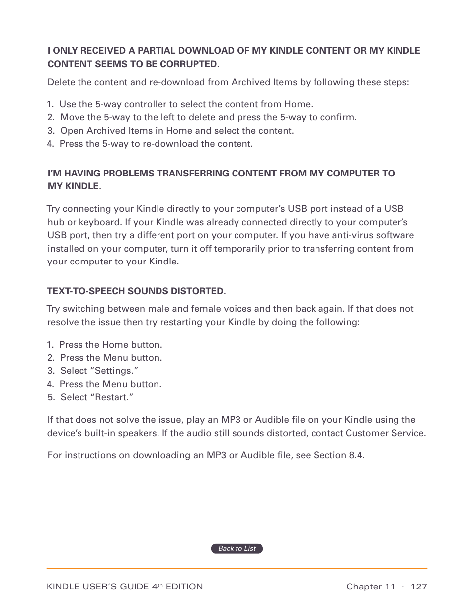 Seems to be corrupted, Text-to-speech sounds distorted | Amazon Technologies Kindle D00511 User Manual | Page 127 / 145