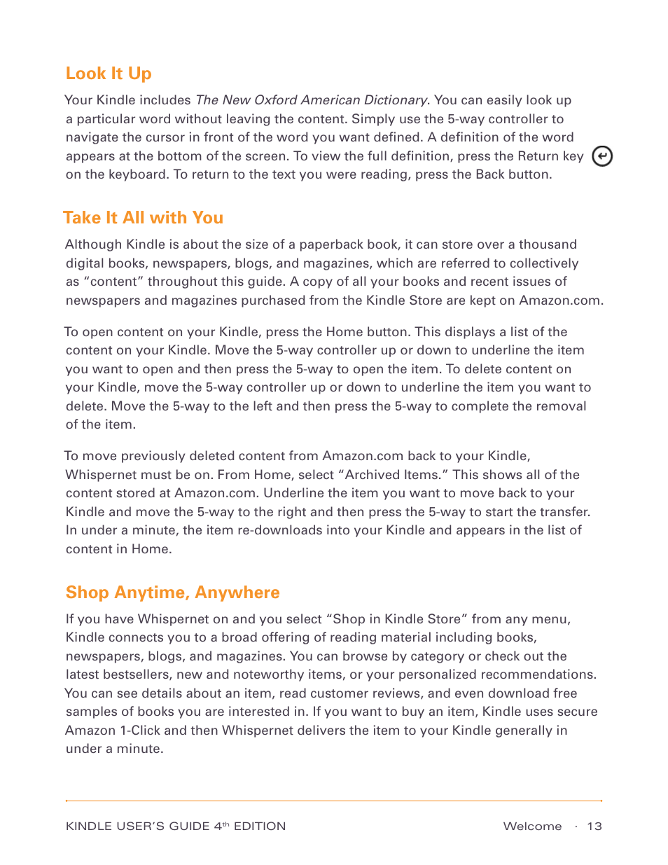 Look it up, Take it all with you, Shop anytime, anywhere | Amazon Technologies Kindle D00511 User Manual | Page 13 / 145
