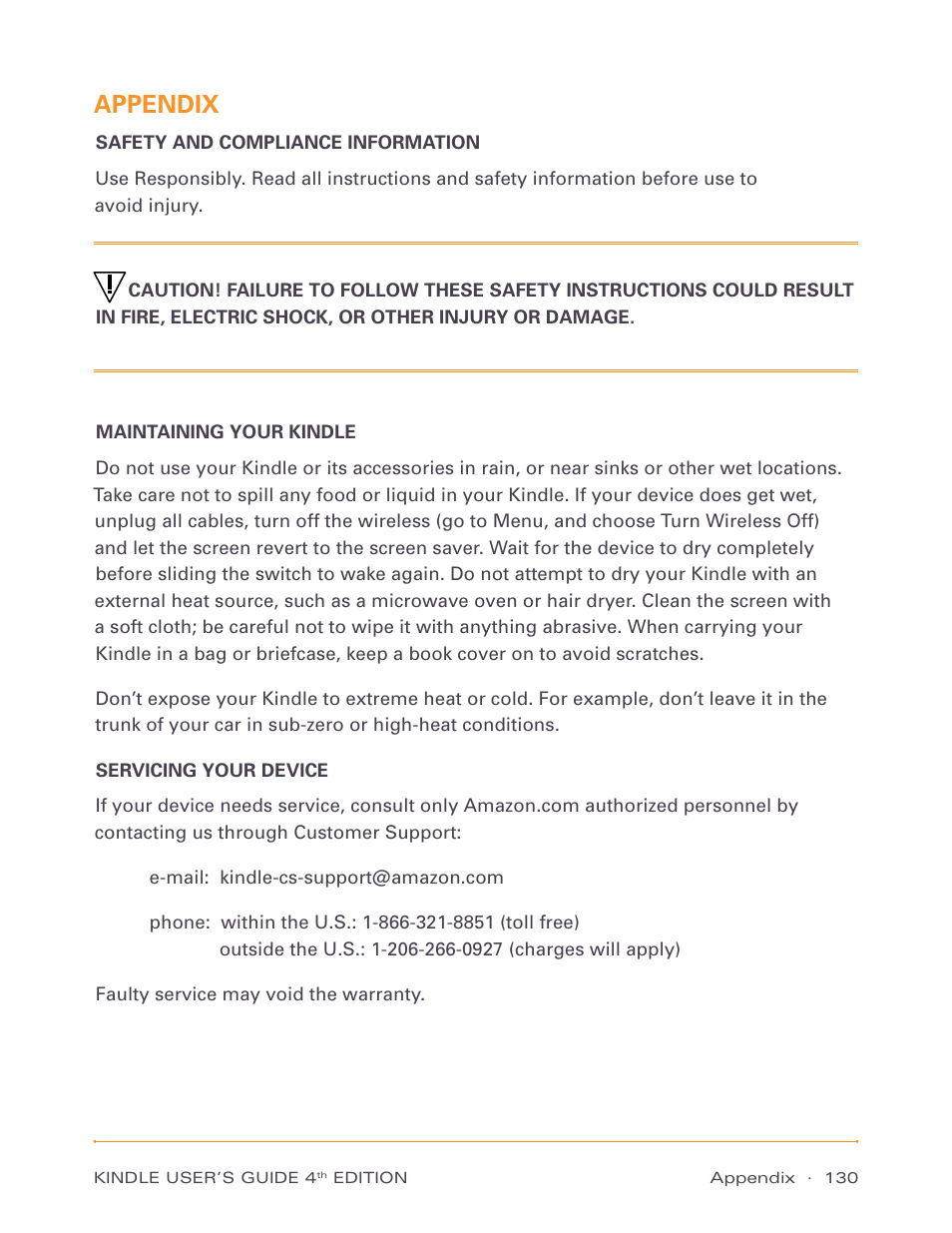 Appendix, Safety and compliance information, Servicing your device | Amazon Technologies Kindle D00511 User Manual | Page 130 / 145