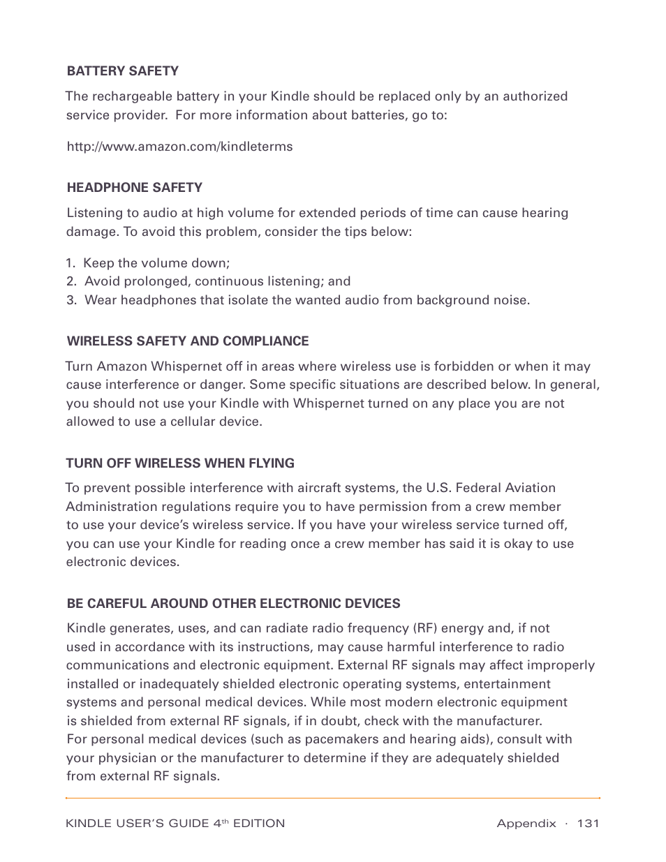 Headphone safety | Amazon Technologies Kindle D00511 User Manual | Page 131 / 145