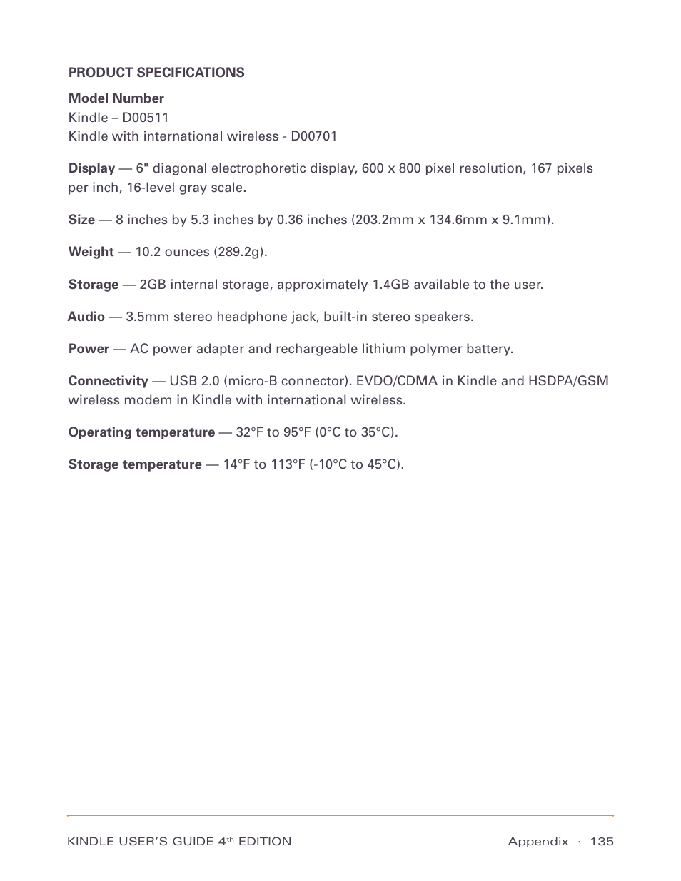 Product specifications | Amazon Technologies Kindle D00511 User Manual | Page 135 / 145