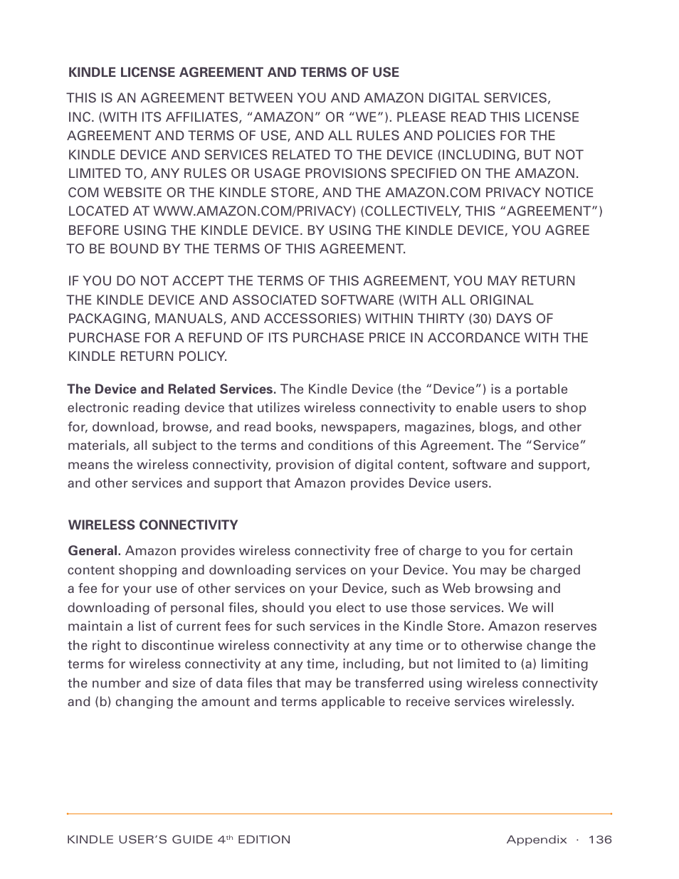 Kindle license agreement and terms of use, Wireless connectivity | Amazon Technologies Kindle D00511 User Manual | Page 136 / 145