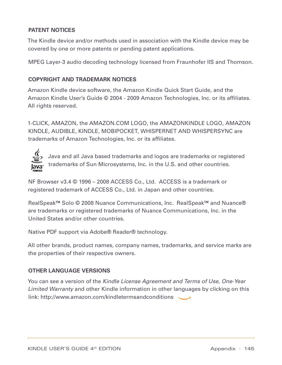 Patent notices, Copyright and trademark notices, Other language versions | Amazon Technologies Kindle D00511 User Manual | Page 145 / 145