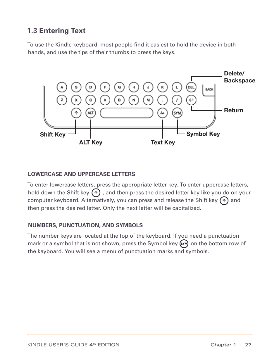 3 entering text, Lowercase and uppercase letters, Numbers, punctuation, and symbols | Amazon Technologies Kindle D00511 User Manual | Page 27 / 145