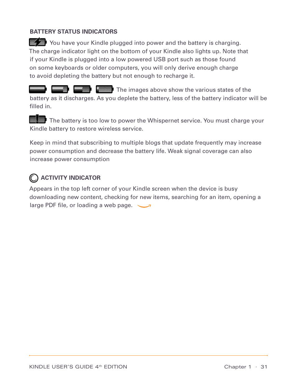 Battery status indicators, Activity indicator, Battery status indicators activity indicator | Amazon Technologies Kindle D00511 User Manual | Page 31 / 145