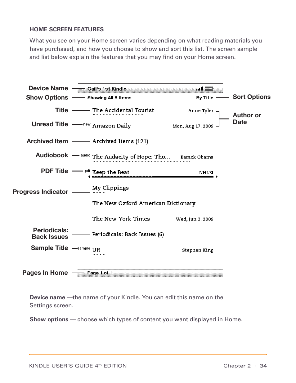 Home screen features | Amazon Technologies Kindle D00511 User Manual | Page 34 / 145