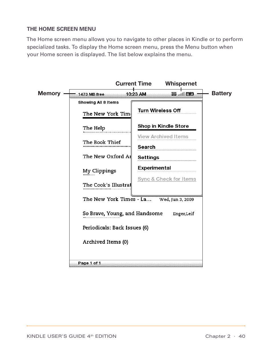 The home screen menu | Amazon Technologies Kindle D00511 User Manual | Page 40 / 145