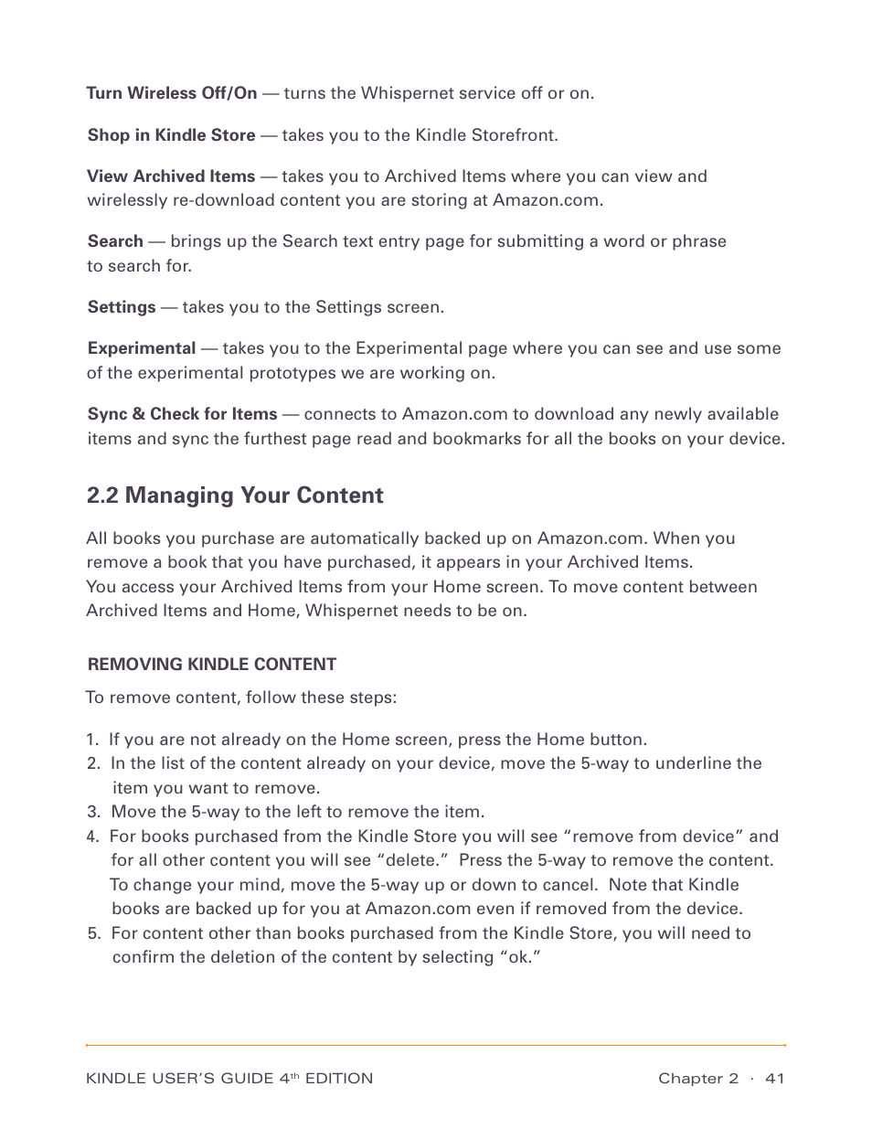 2 managing your content, Removing kindle content | Amazon Technologies Kindle D00511 User Manual | Page 41 / 145