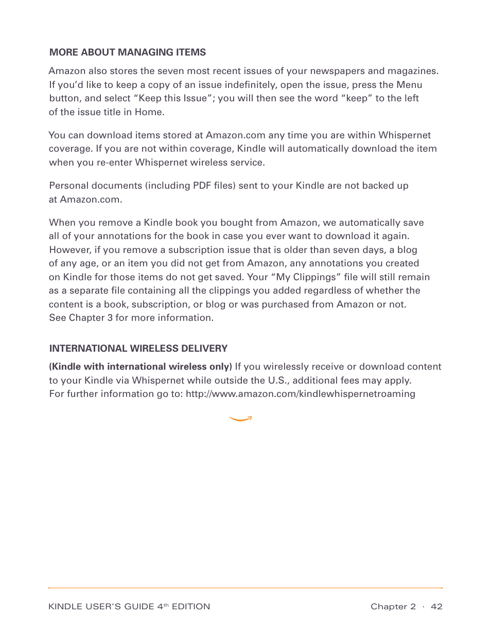 More about managing items, International wireless delivery | Amazon Technologies Kindle D00511 User Manual | Page 42 / 145