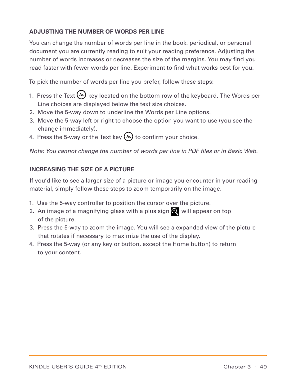 Adjusting the number of words per line, Increasing the size of a picture | Amazon Technologies Kindle D00511 User Manual | Page 49 / 145