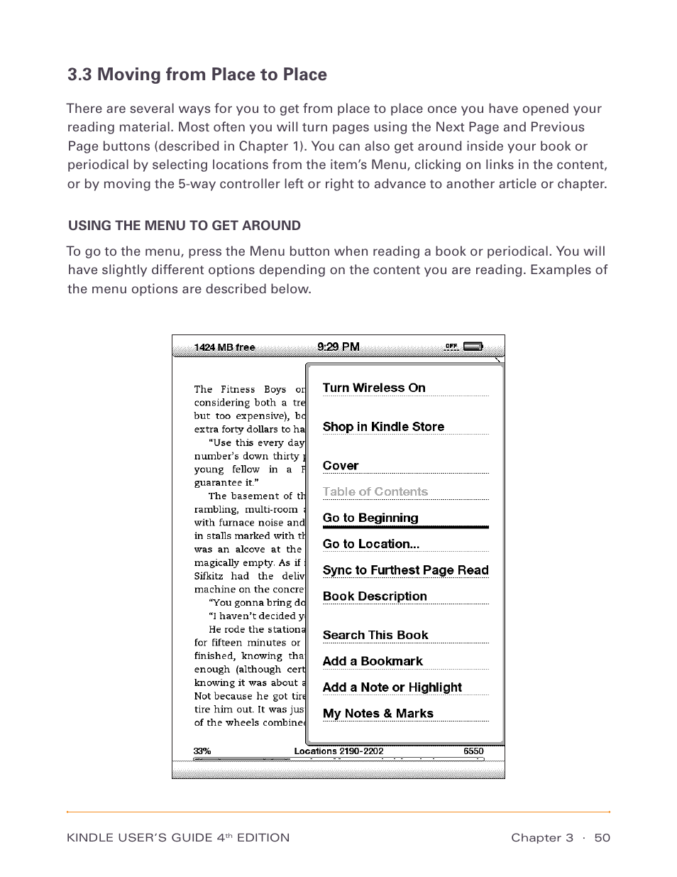 3 moving from place to place, Using the menu to get around | Amazon Technologies Kindle D00511 User Manual | Page 50 / 145