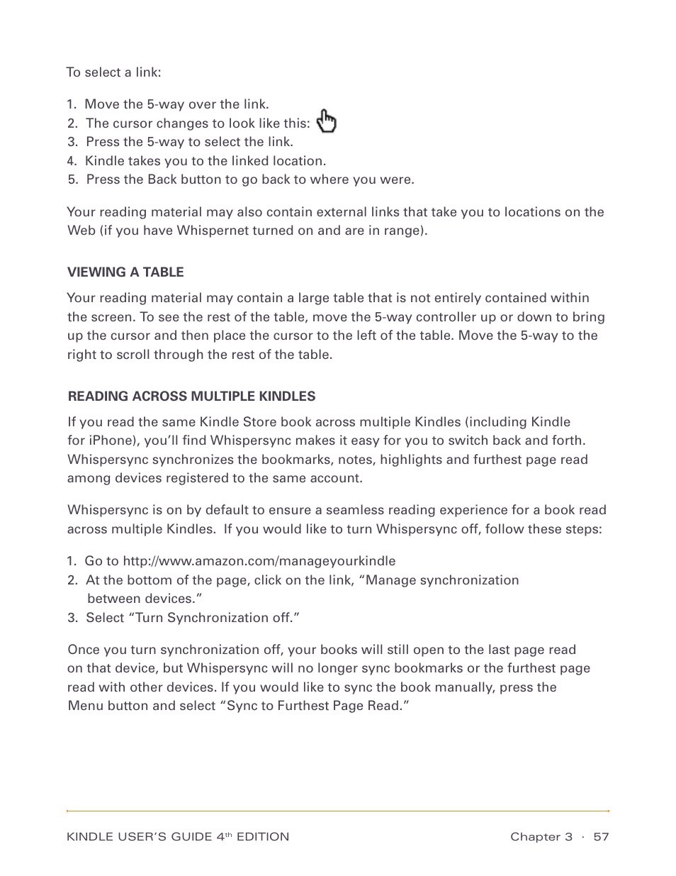 Viewing a table, Reading across multiple kindles, Viewing a table reading across multiple kindles | Amazon Technologies Kindle D00511 User Manual | Page 57 / 145