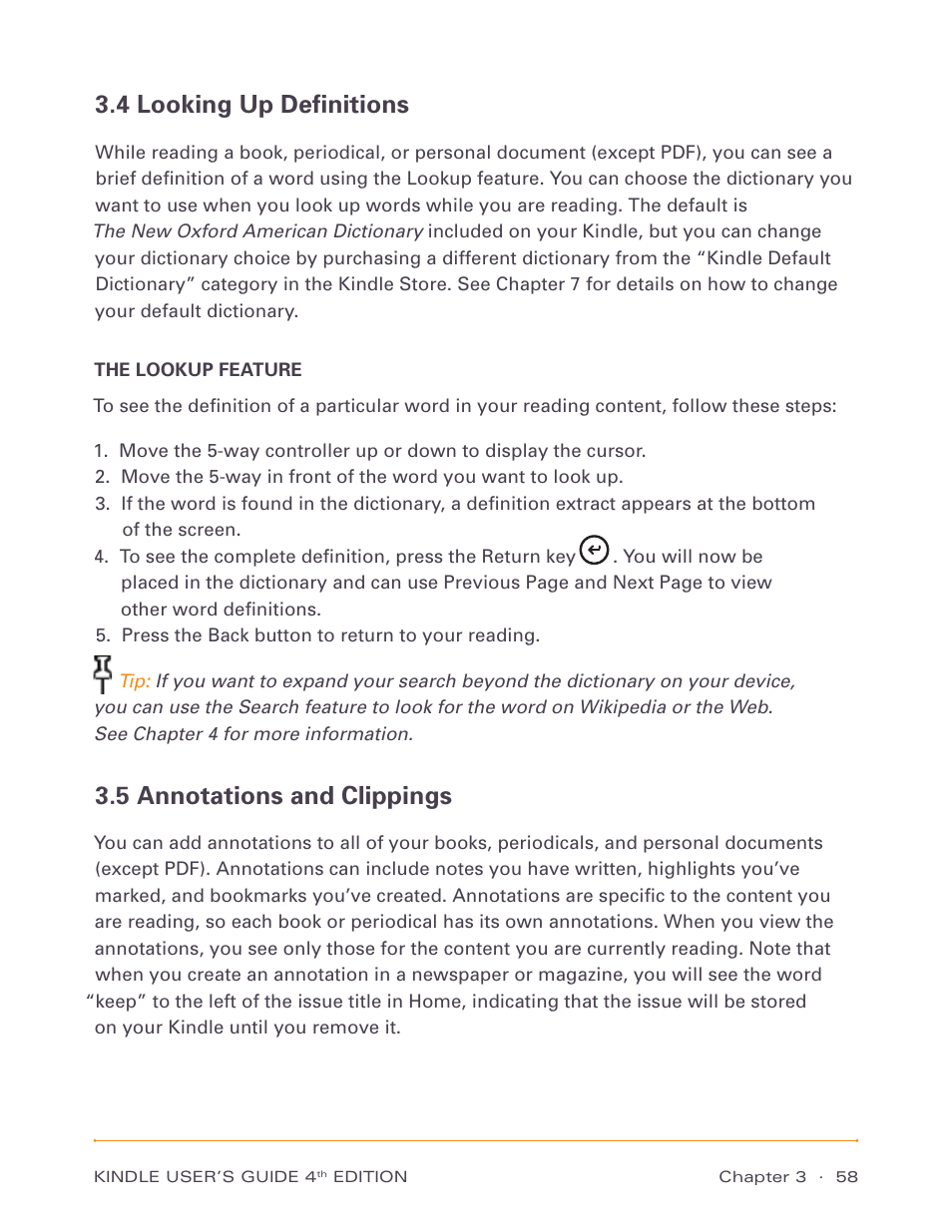 4 looking up definitions, The lookup feature, 5 annotations and clippings | Amazon Technologies Kindle D00511 User Manual | Page 58 / 145