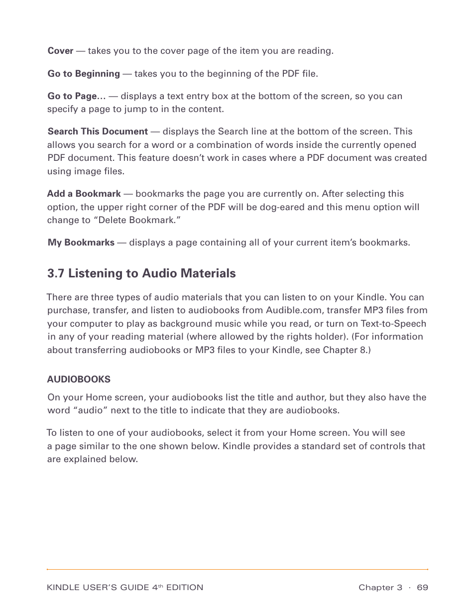 7 listening to audio materials, Audiobooks | Amazon Technologies Kindle D00511 User Manual | Page 69 / 145