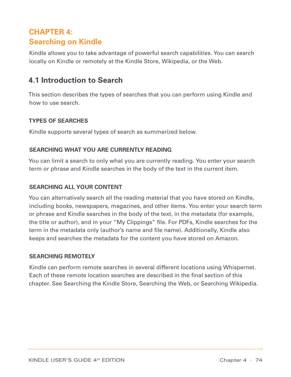 Chapter 4: searching on kindle, 1 introduction to search, Types of searches | Amazon Technologies Kindle D00511 User Manual | Page 74 / 145