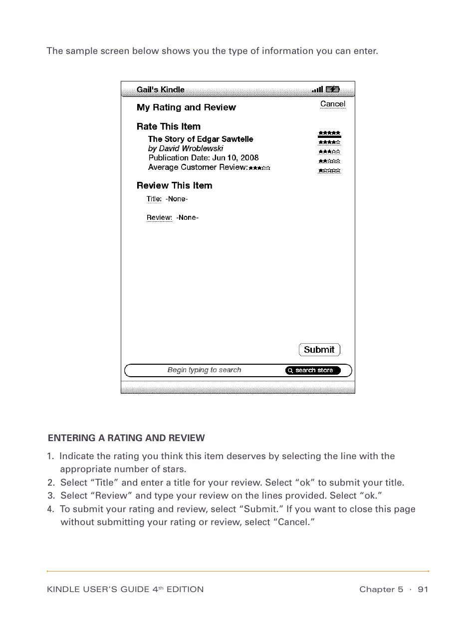 Entering a rating and review | Amazon Technologies Kindle D00511 User Manual | Page 91 / 145