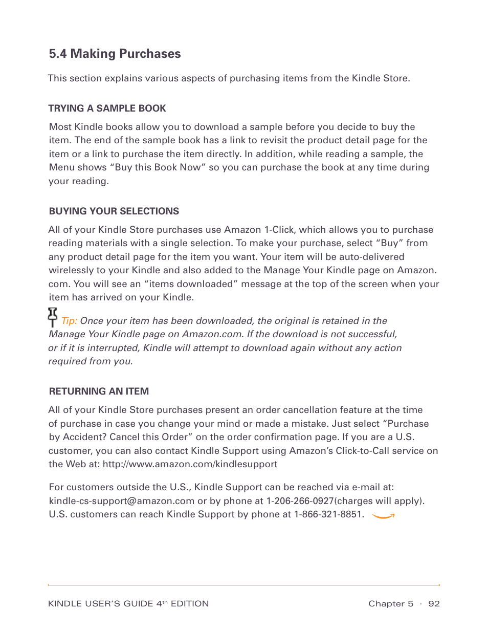 4 making purchases, Trying a sample book, Buying your selections | Returning an item | Amazon Technologies Kindle D00511 User Manual | Page 92 / 145