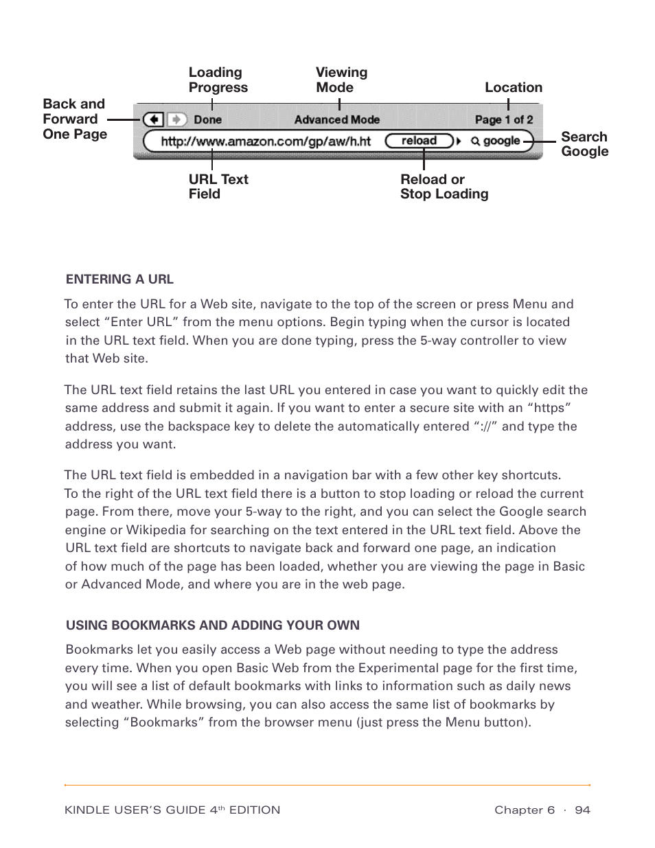 Entering a url, Using bookmarks and adding your own, Entering a url using bookmarks and adding your own | Amazon Technologies Kindle D00511 User Manual | Page 94 / 145