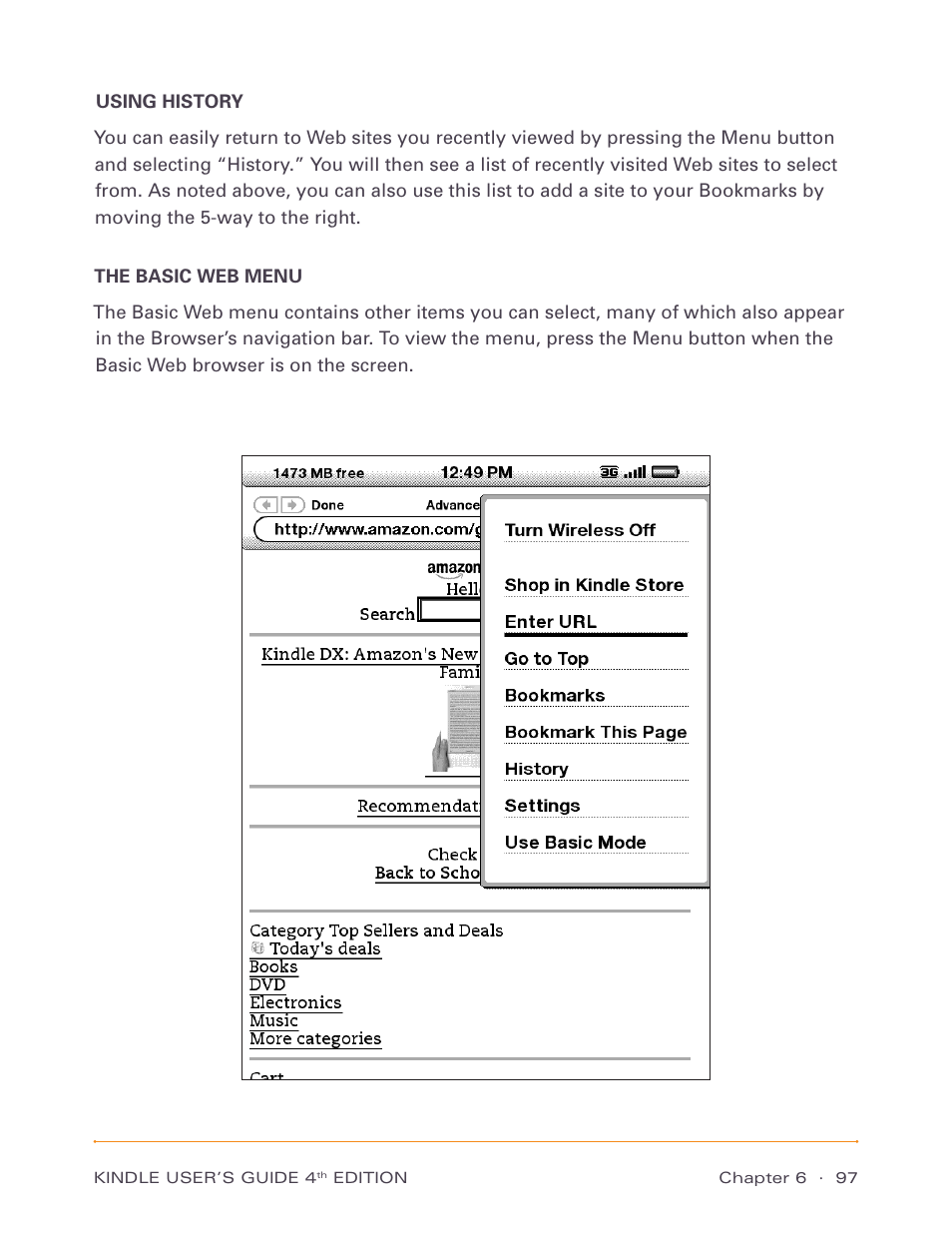 Using history, The basic web menu, Using history the basic web menu | Amazon Technologies Kindle D00511 User Manual | Page 97 / 145