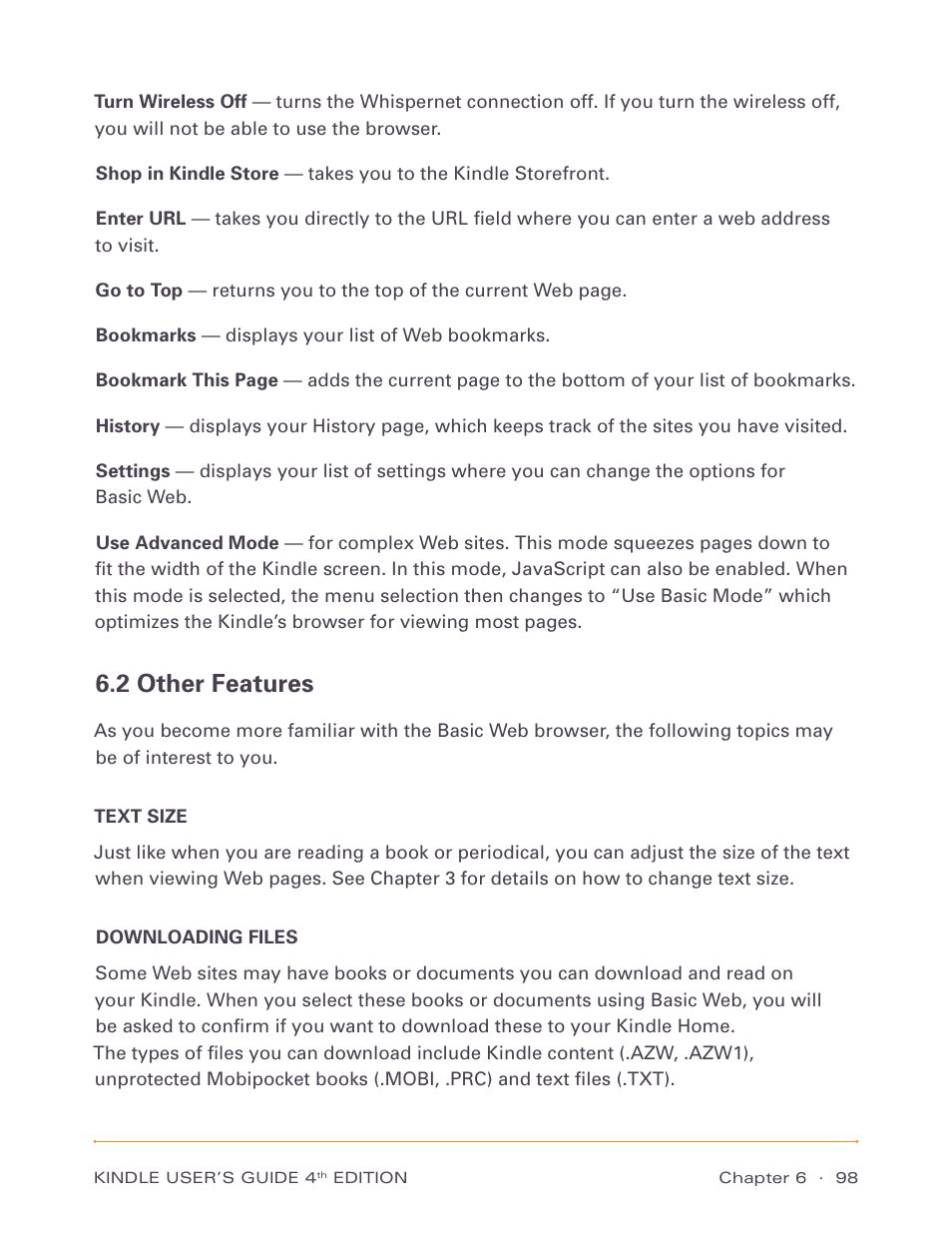 2 other features, Text size, Downloading files | Text size downloading files | Amazon Technologies Kindle D00511 User Manual | Page 98 / 145