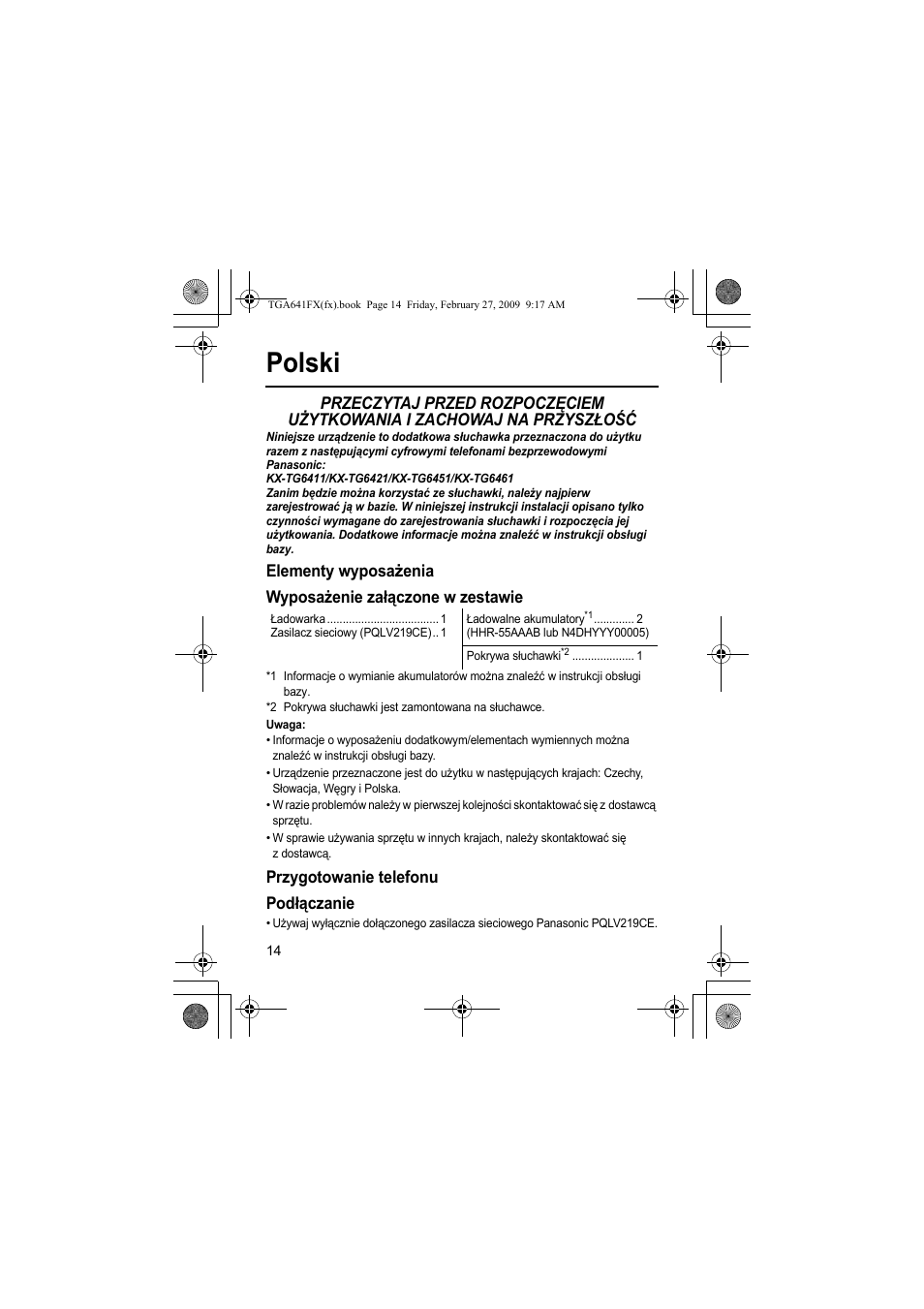 Polski, Przygotowanie telefonu podłączanie | Panasonic KXTGA641FX User Manual | Page 14 / 36