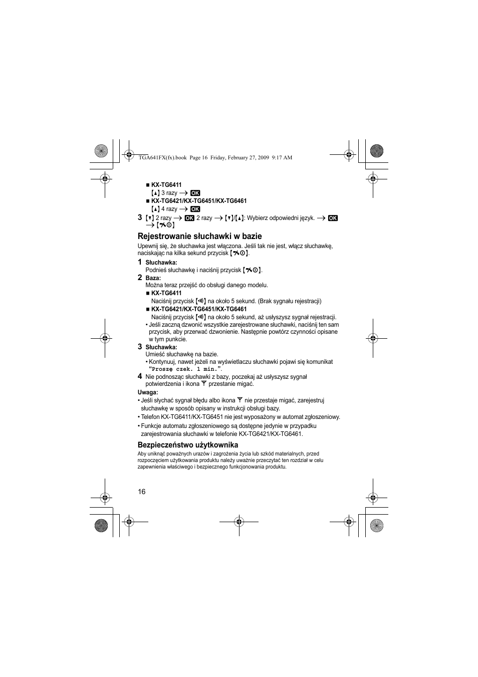 Rejestrowanie słuchawki w bazie | Panasonic KXTGA641FX User Manual | Page 16 / 36