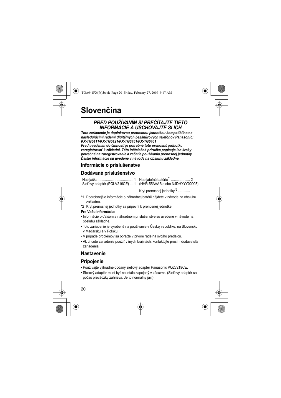 Slovenčina, Informácie o príslušenstve dodávané príslušenstvo, Nastavenie pripojenie | Panasonic KXTGA641FX User Manual | Page 20 / 36