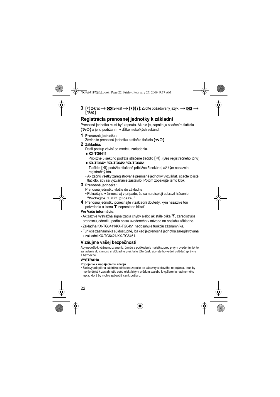 Registrácia prenosnej jednotky k základni | Panasonic KXTGA641FX User Manual | Page 22 / 36