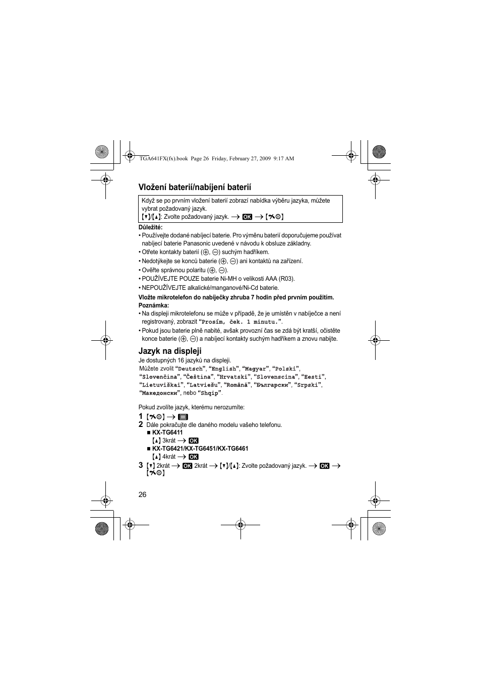 Vložení baterií/nabíjení baterií, Jazyk na displeji | Panasonic KXTGA641FX User Manual | Page 26 / 36