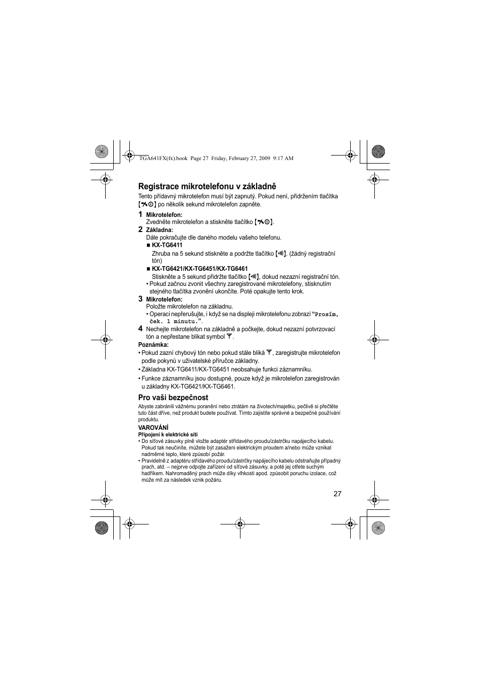 Registrace mikrotelefonu v základně | Panasonic KXTGA641FX User Manual | Page 27 / 36
