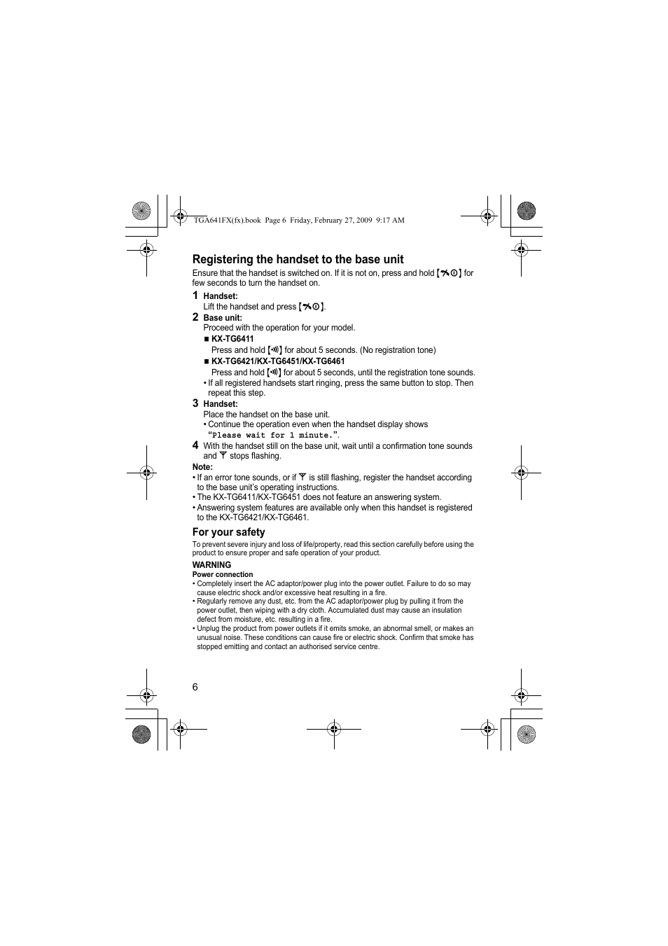 Registering the handset to the base unit | Panasonic KXTGA641FX User Manual | Page 6 / 36