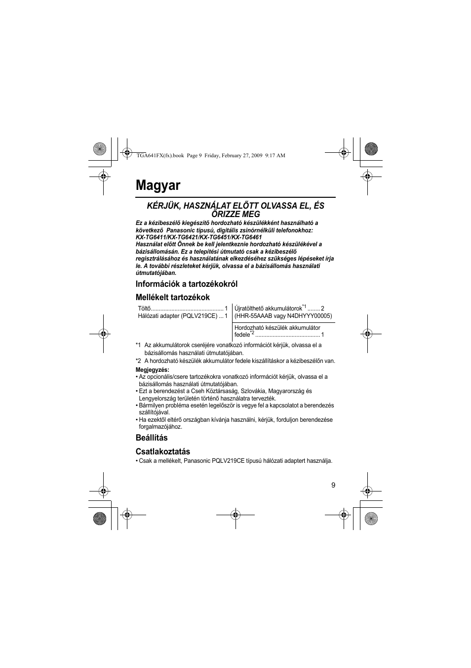 Magyar, Kérjük, használat előtt olvassa el, és őrizze meg, Információk a tartozékokról mellékelt tartozékok | Beállítás csatlakoztatás | Panasonic KXTGA641FX User Manual | Page 9 / 36