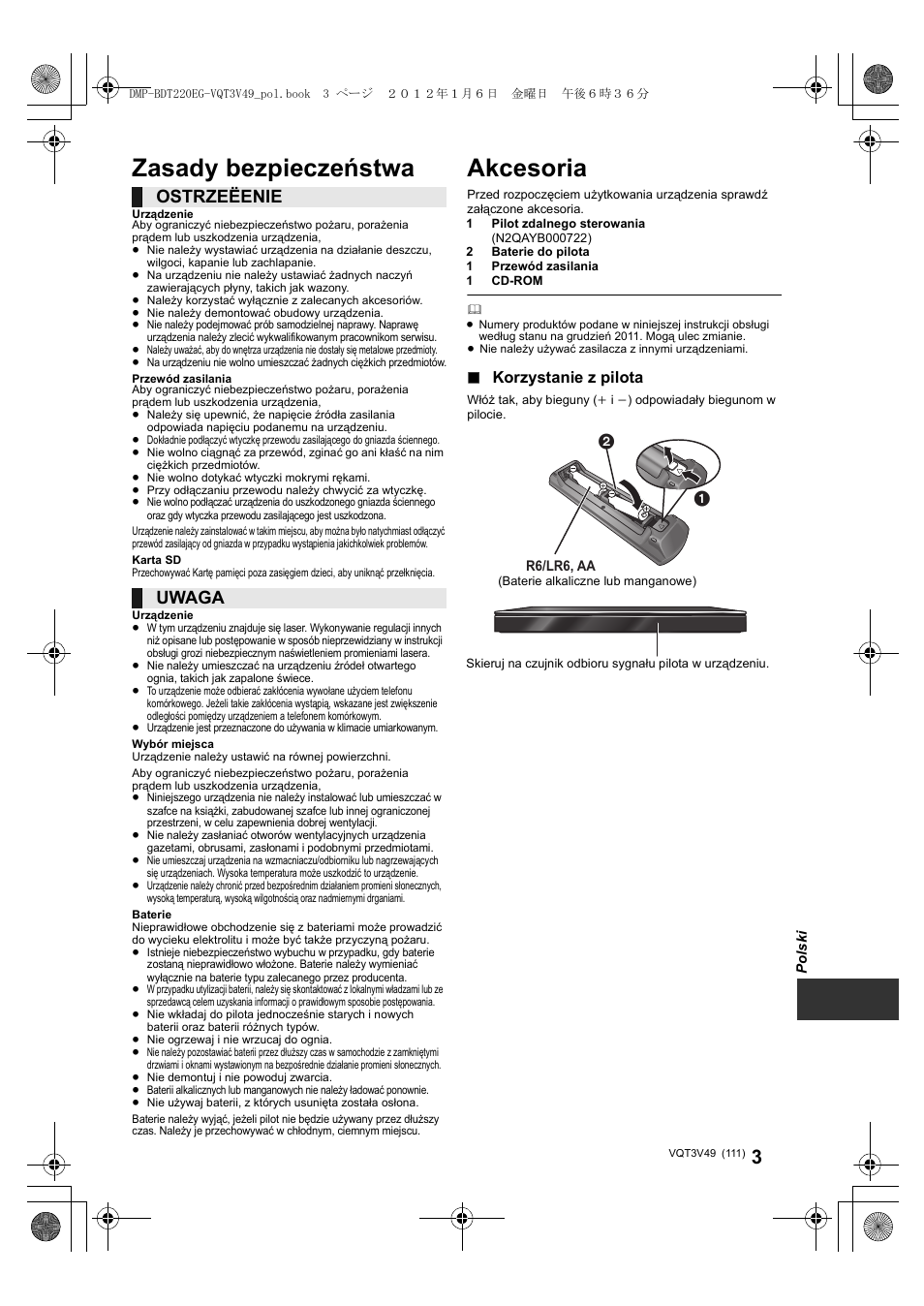 Akcesoria, Zasady bezpieczeństwa, Ostrzeëenie | Uwaga, Korzystanie z pilota | Panasonic DMPBDT221EG User Manual | Page 111 / 136