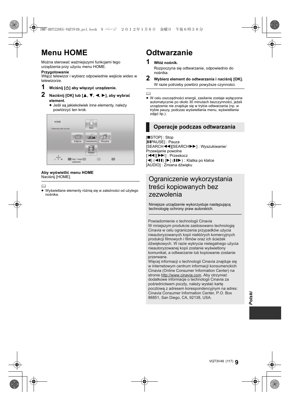 Menu home, Odtwarzanie, Operacje podczas odtwarzania | Panasonic DMPBDT221EG User Manual | Page 117 / 136