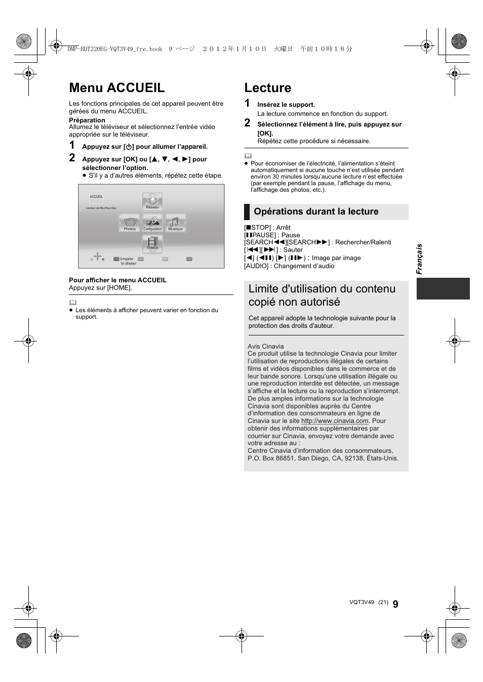 Menu accueil, Lecture, Limite d'utilisation du contenu copié non autorisé | Opérations durant la lecture | Panasonic DMPBDT221EG User Manual | Page 21 / 136