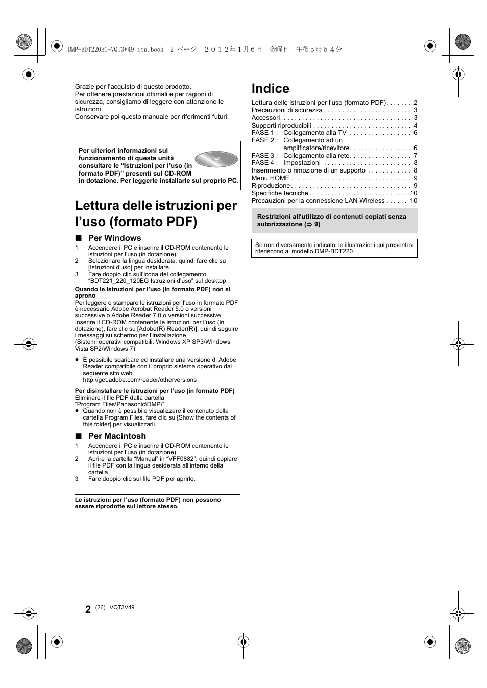 Indice, Lettura delle istruzioni per l’uso (formato pdf), Per windows | Per macintosh | Panasonic DMPBDT221EG User Manual | Page 26 / 136