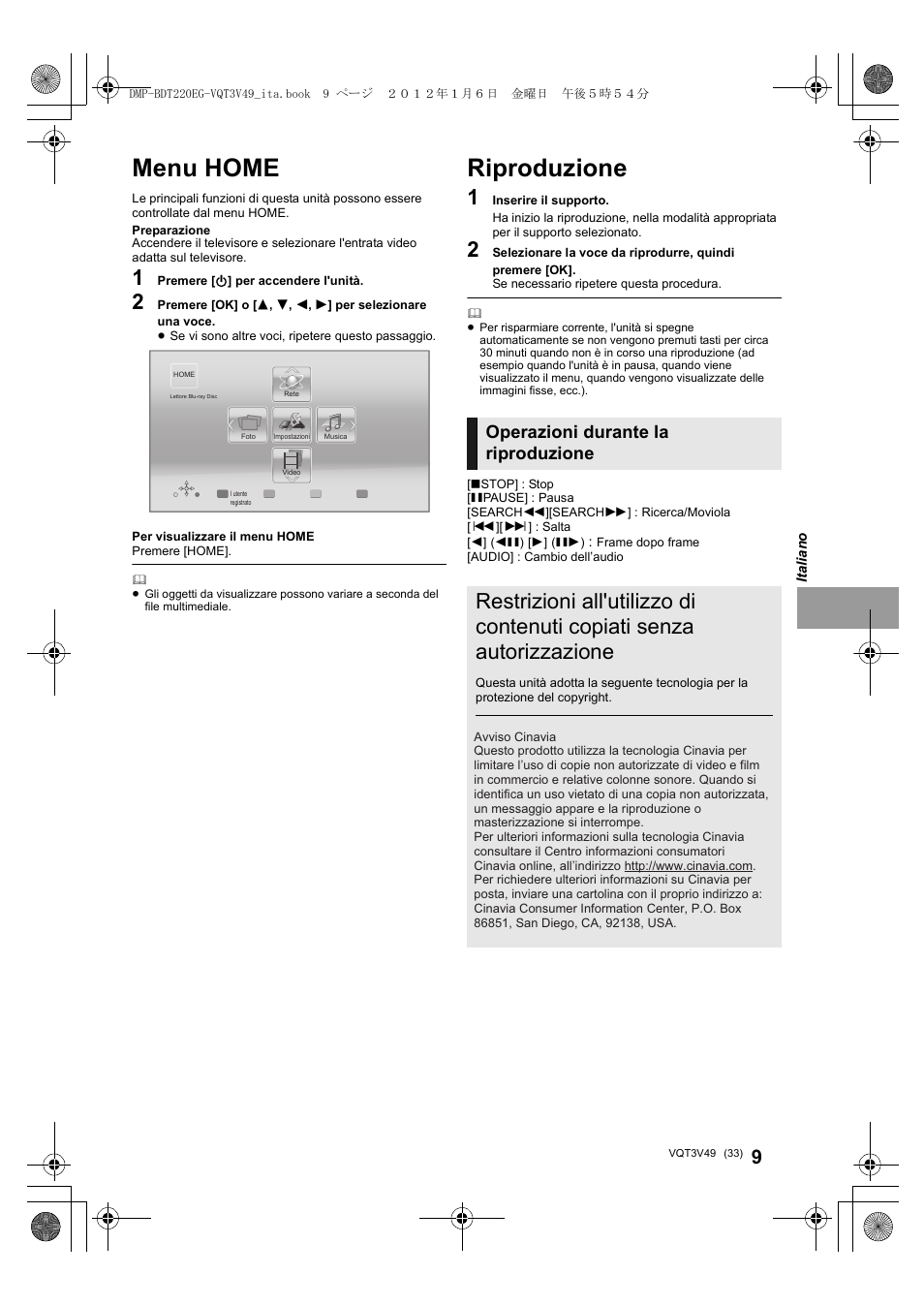 Menu home, Riproduzione, Operazioni durante la riproduzione | Panasonic DMPBDT221EG User Manual | Page 33 / 136