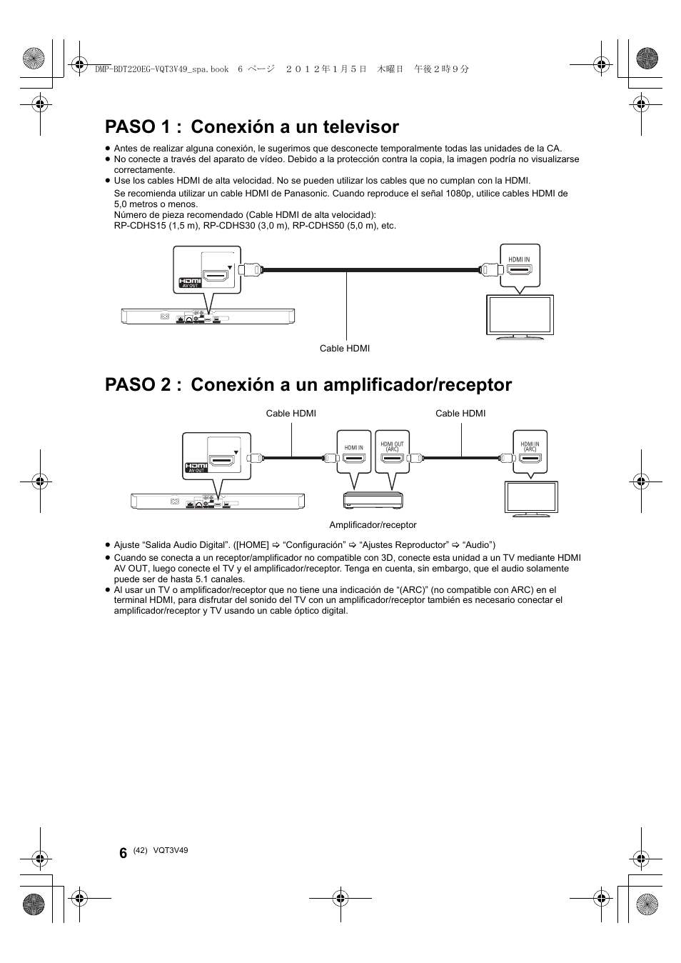 Paso 1 : conexión a un televisor, Paso 2 : conexión a un amplificador/receptor | Panasonic DMPBDT221EG User Manual | Page 42 / 136