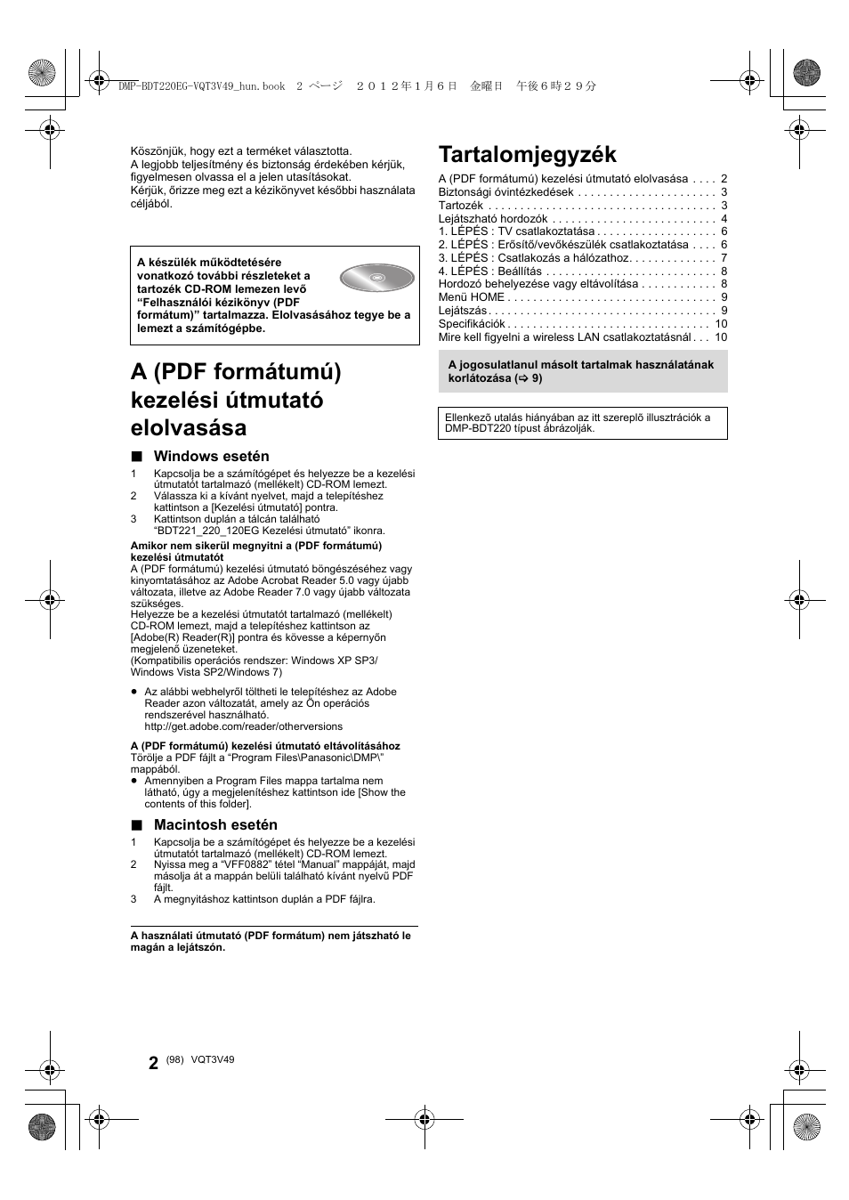 Tartalomjegyzék, A (pdf formátumú) kezelési útmutató elolvasása, Windows esetén | Macintosh esetén | Panasonic DMPBDT221EG User Manual | Page 98 / 136
