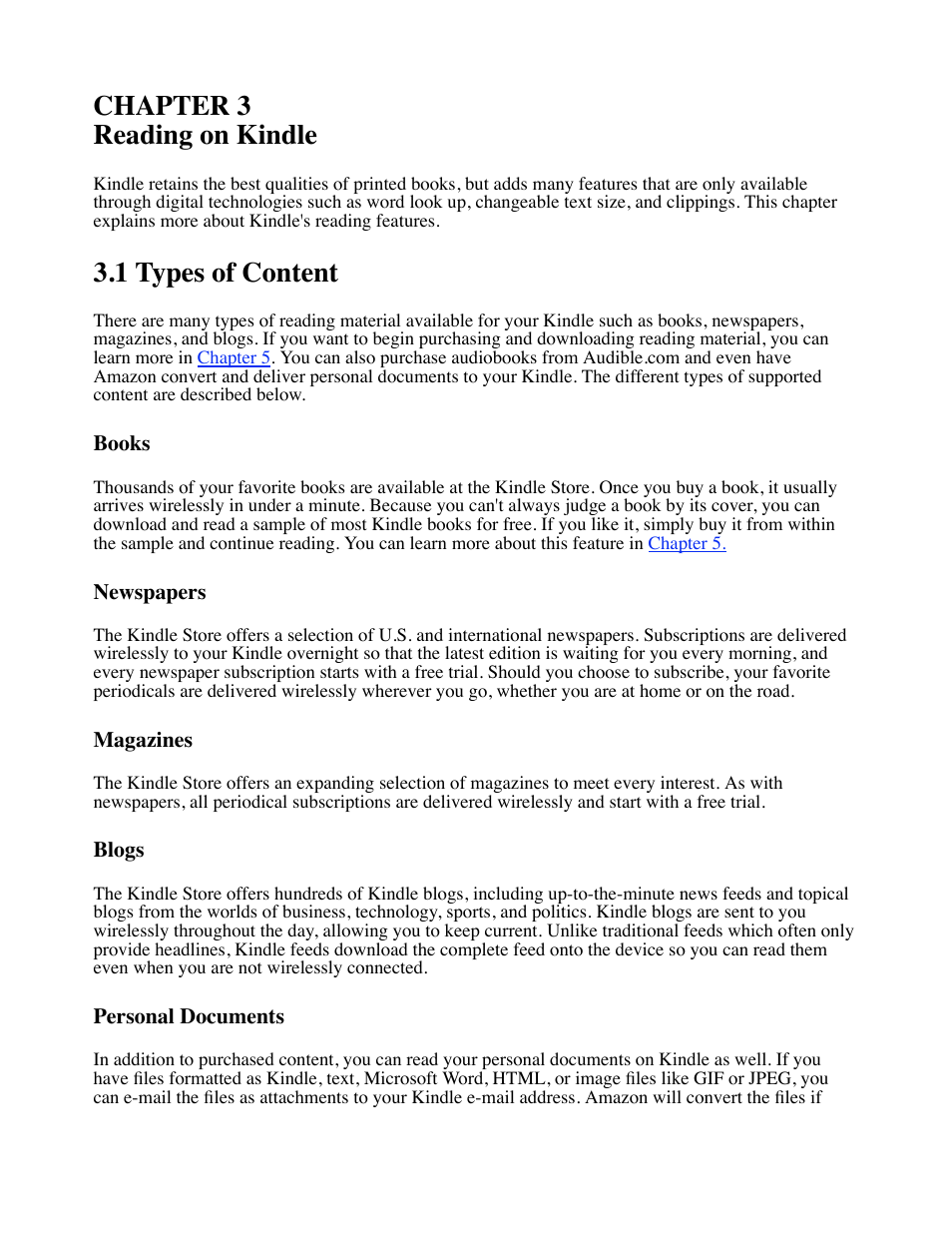 Chapter 3, Chapter 3 reading on kindle, 1 types of content | Amazon Technologies Kindle D00111 User Manual | Page 33 / 89