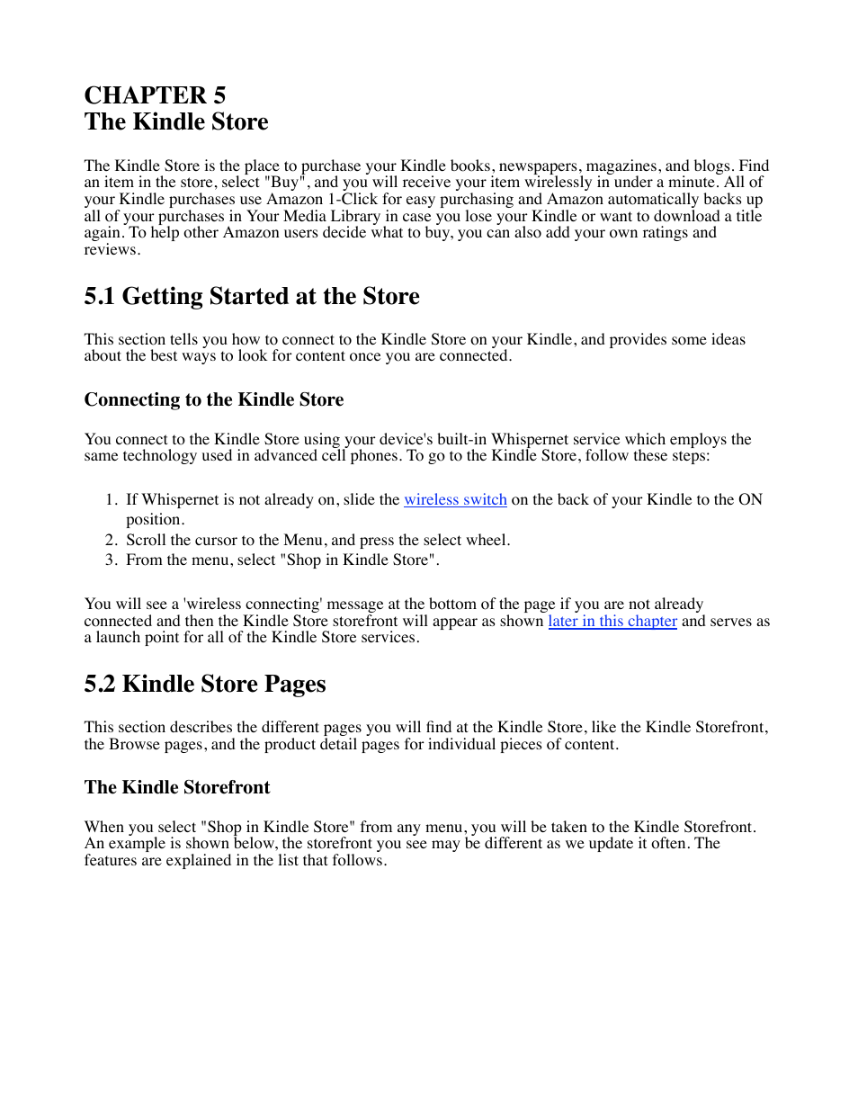 Chapter 5, Chapter 5 the kindle store, 1 getting started at the store | 2 kindle store pages | Amazon Technologies Kindle D00111 User Manual | Page 54 / 89