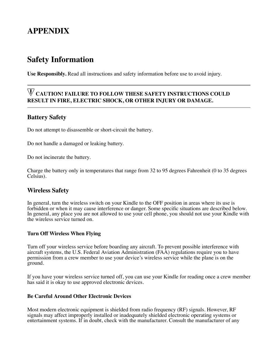 Appendix, Appendix safety information | Amazon Technologies Kindle D00111 User Manual | Page 83 / 89