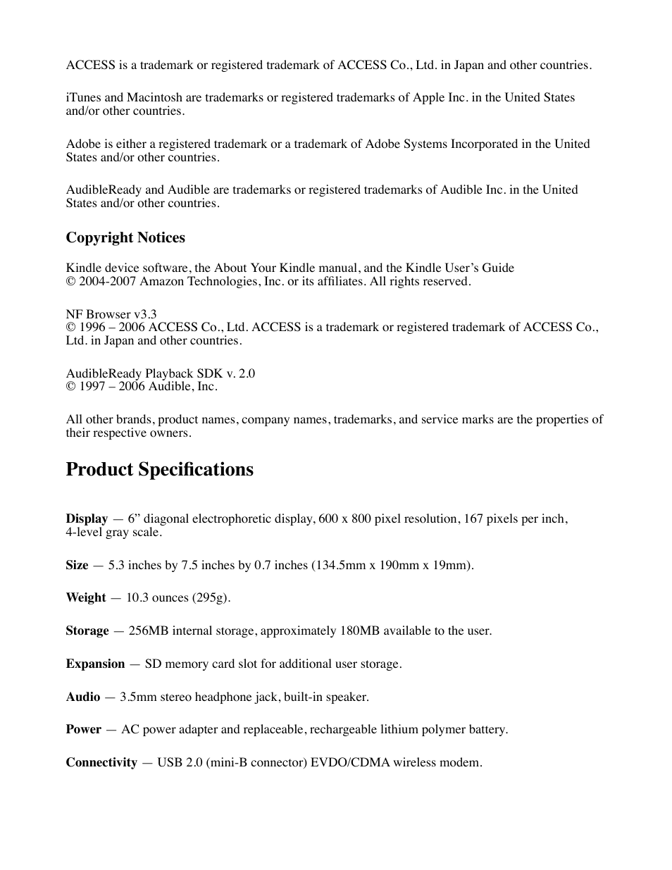Product specifications | Amazon Technologies Kindle D00111 User Manual | Page 88 / 89