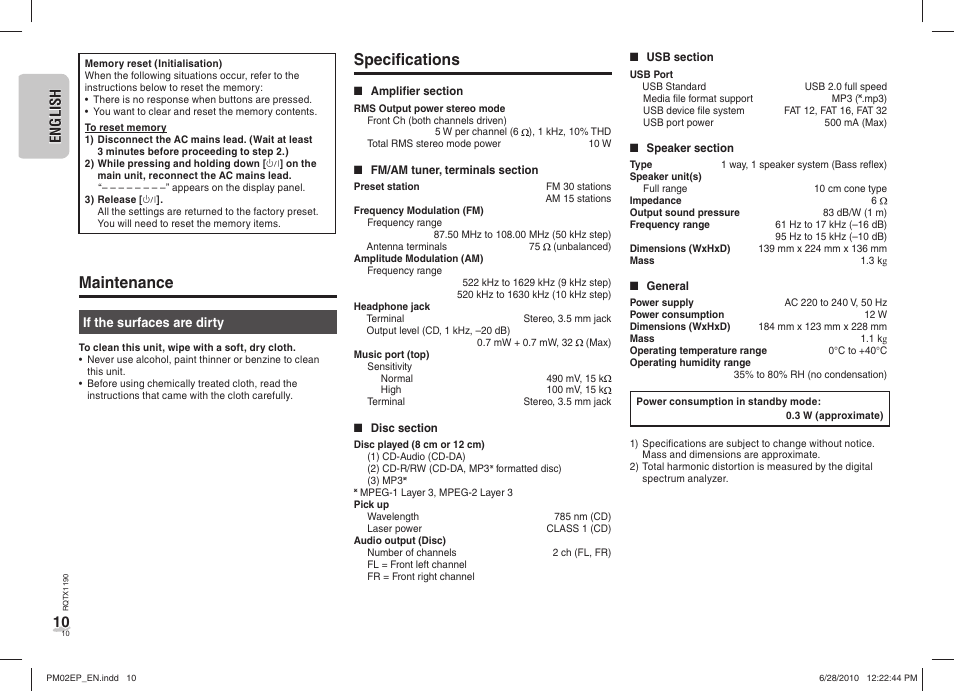 Specifi cations, Maintenance, En g l is h english 10 10 | Panasonic SCPM02EP User Manual | Page 10 / 48
