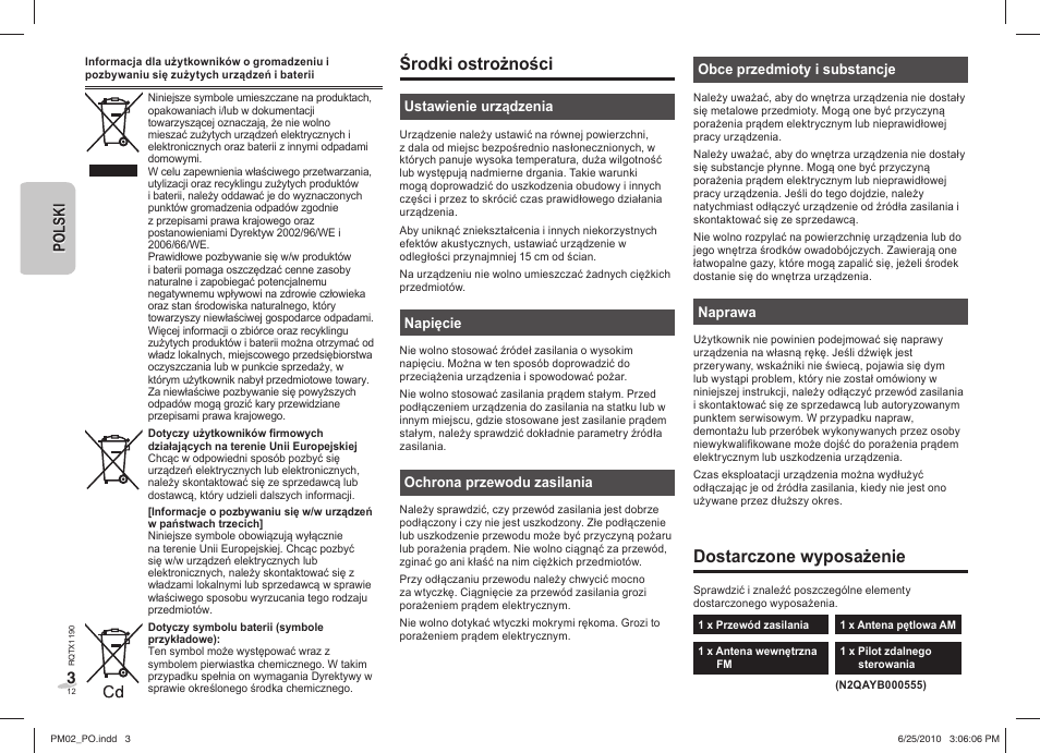 Środki ostrożności, Dostarczone wyposażenie, 3po ls k i polski | Panasonic SCPM02EP User Manual | Page 12 / 48